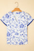 Floral Print Ricrac Trim Flutter Sleeve Blouse