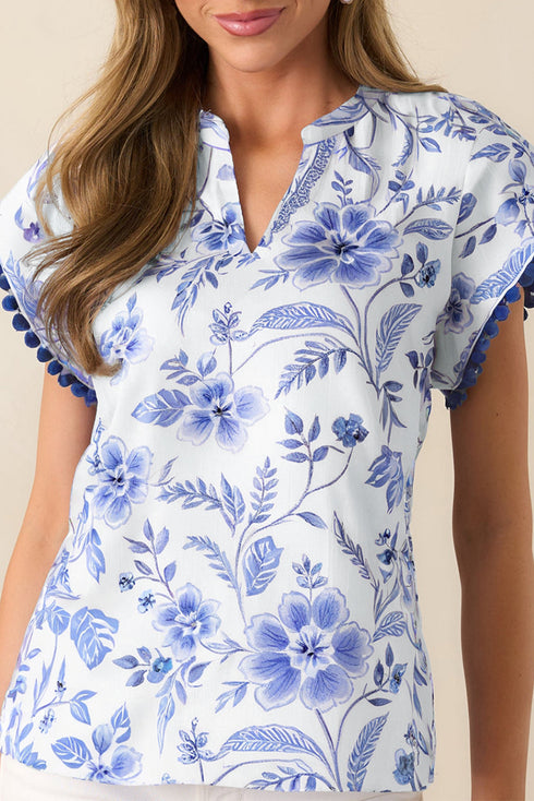 Floral Print Ricrac Trim Flutter Sleeve Blouse