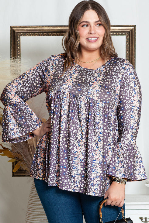Floral Print Round Neck Babydoll Plus Size Top
