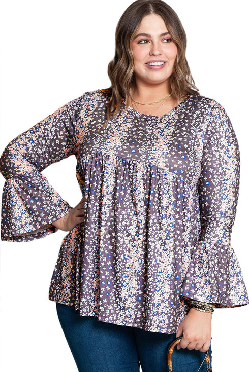 Floral Print Round Neck Babydoll Plus Size Top