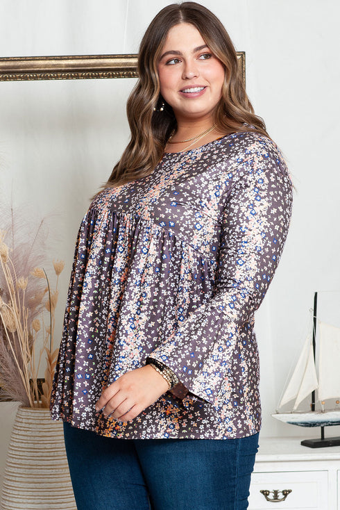 Floral Print Round Neck Babydoll Plus Size Top