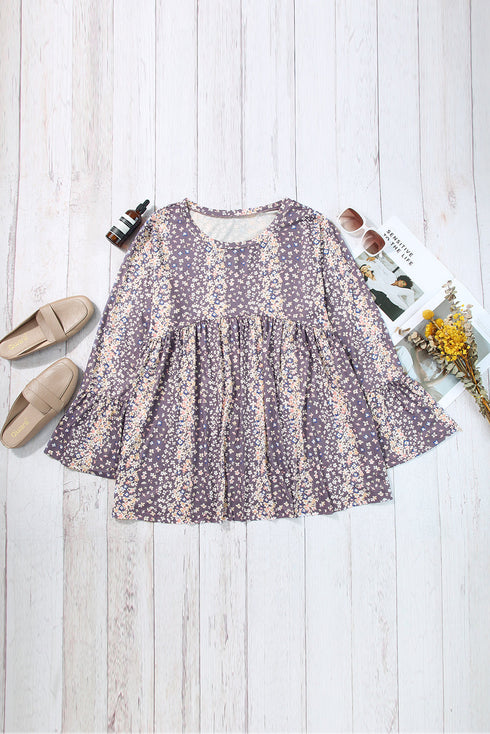 Floral Print Round Neck Babydoll Plus Size Top