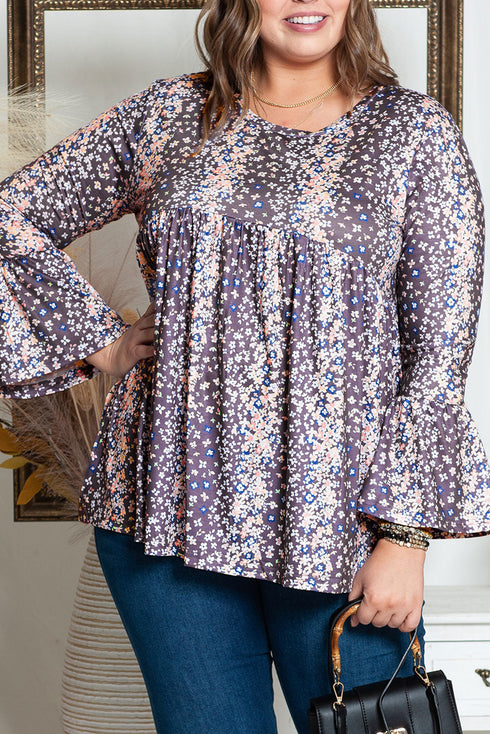 Floral Print Round Neck Babydoll Plus Size Top