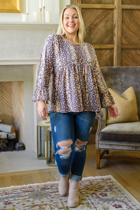 Floral Print Round Neck Babydoll Plus Size Top