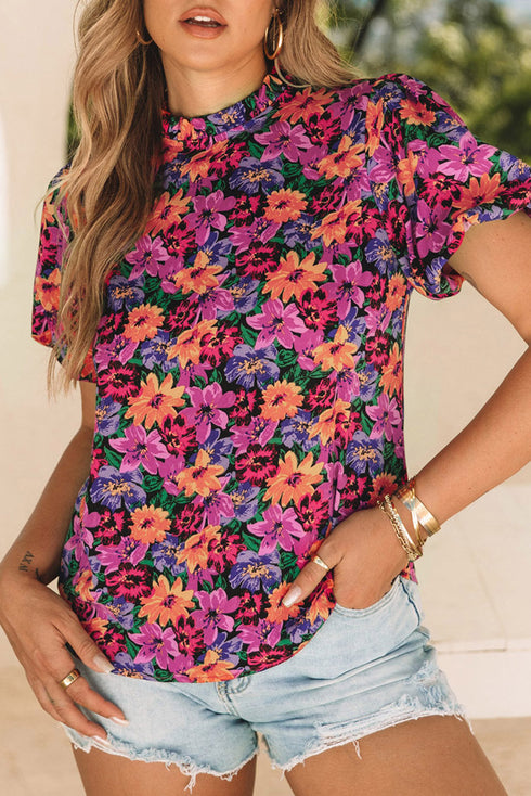 Floral Print Round Neck Puff Sleeve Woven Blouse