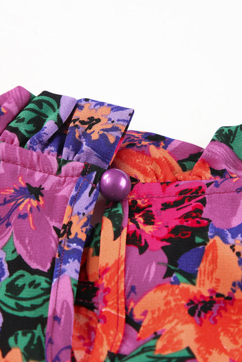 Floral Print Round Neck Puff Sleeve Woven Blouse