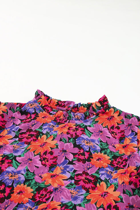 Floral Print Round Neck Puff Sleeve Woven Blouse