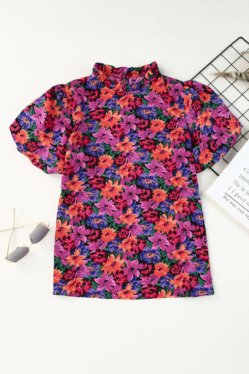 Floral Print Round Neck Puff Sleeve Woven Blouse