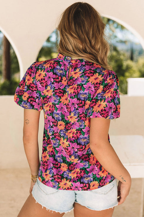 Floral Print Round Neck Puff Sleeve Woven Blouse