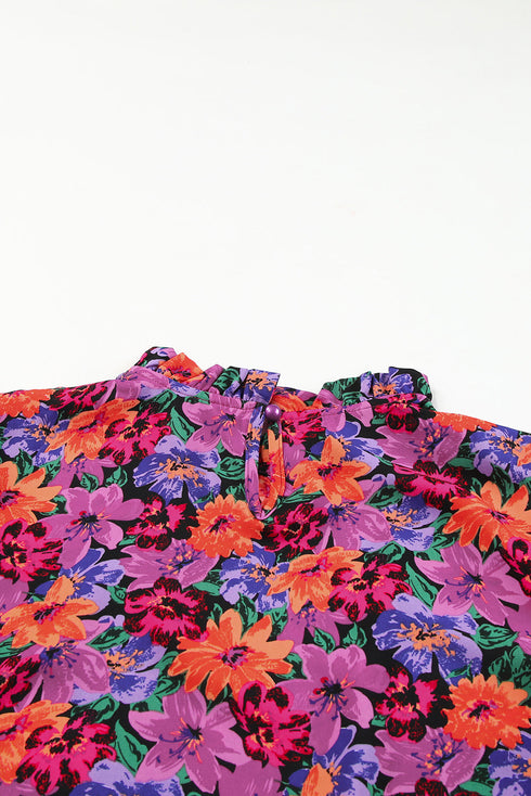 Floral Print Round Neck Puff Sleeve Woven Blouse