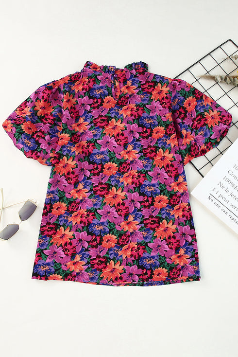 Floral Print Round Neck Puff Sleeve Woven Blouse