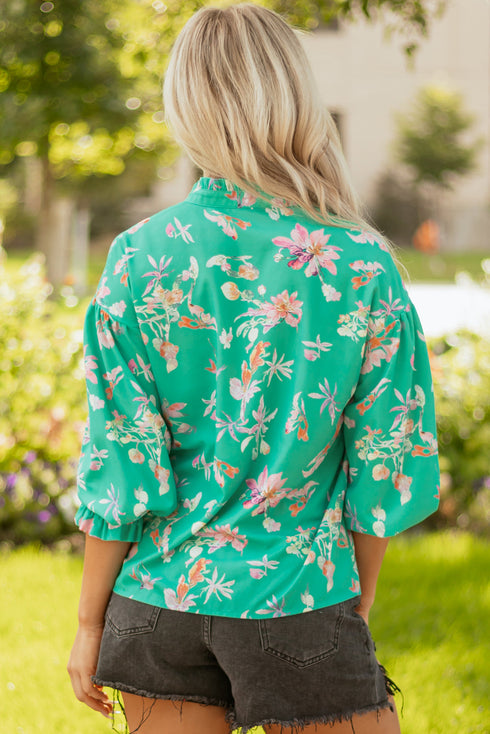 Floral Print Ruffle Neck Button Front Blouse