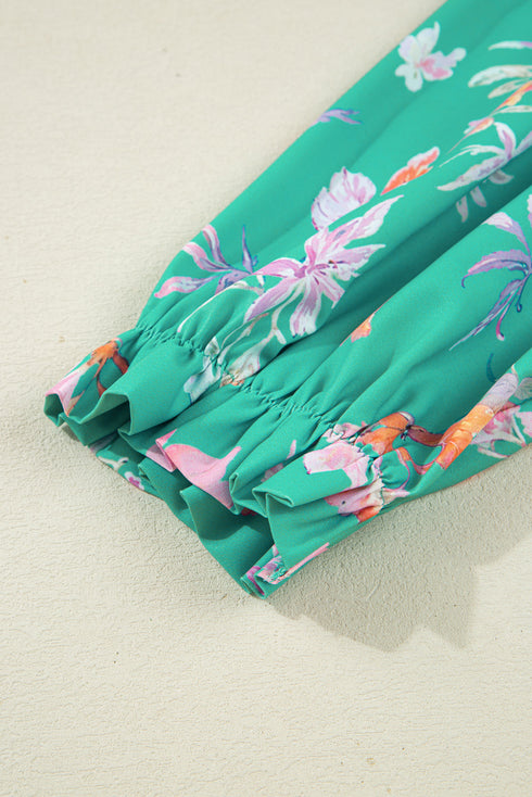 Floral Print Ruffle Neck Button Front Blouse
