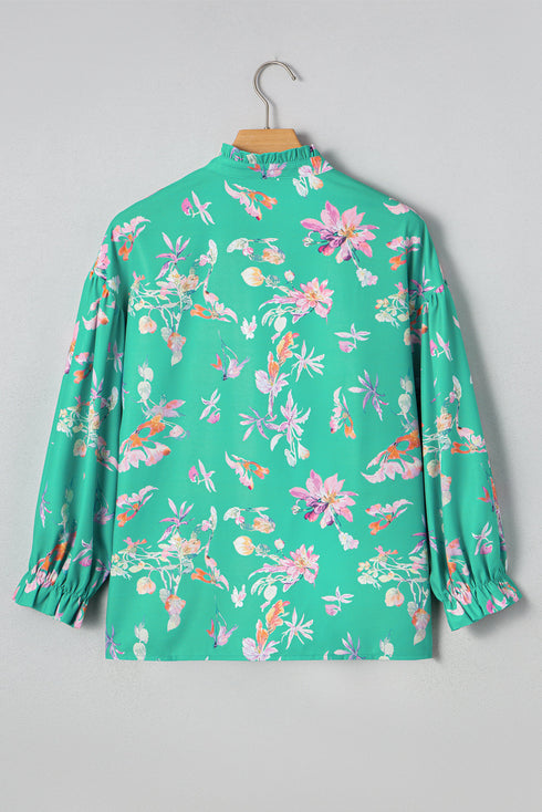 Floral Print Ruffle Neck Button Front Blouse