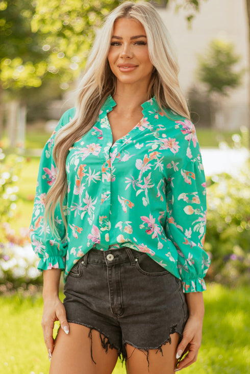 Floral Print Ruffle Neck Button Front Blouse