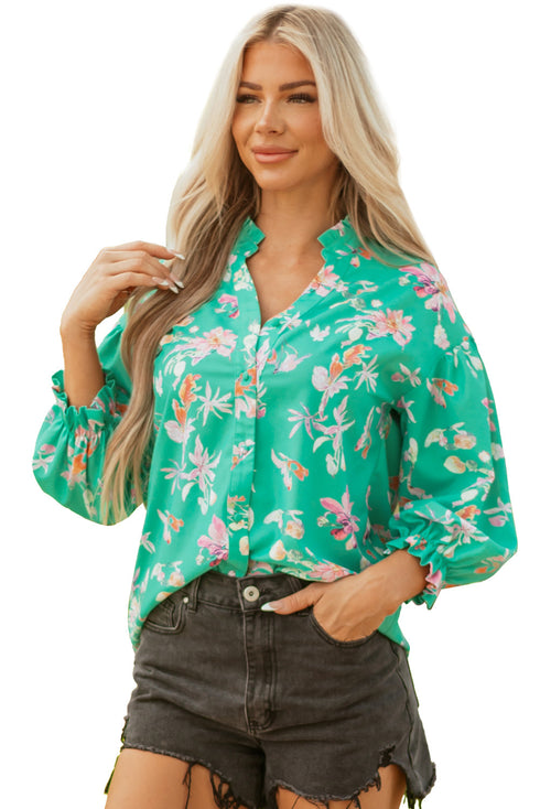 Floral Print Ruffle Neck Button Front Blouse