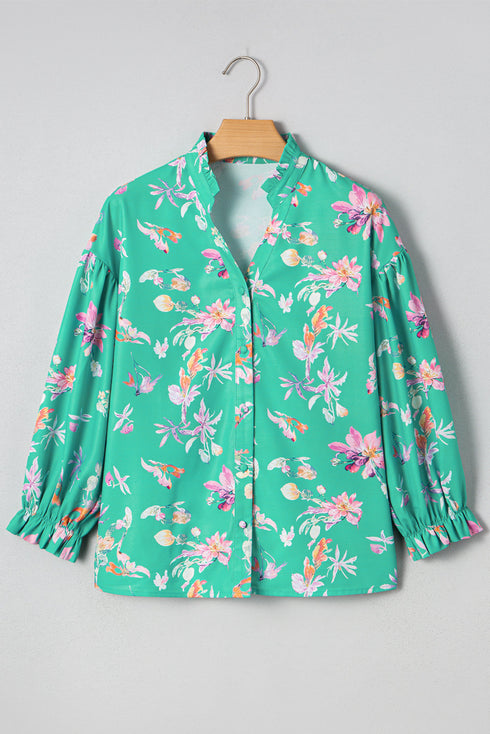 Floral Print Ruffle Neck Button Front Blouse