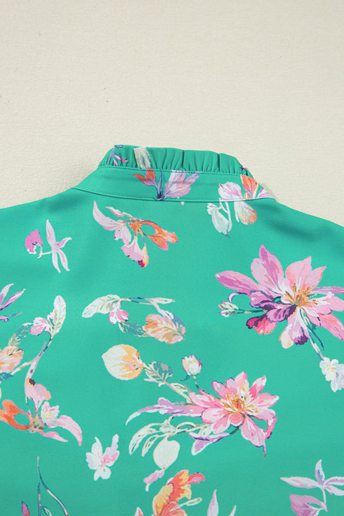 Floral Print Ruffle Neck Button Front Blouse