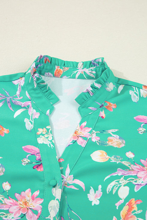 Floral Print Ruffle Neck Button Front Blouse