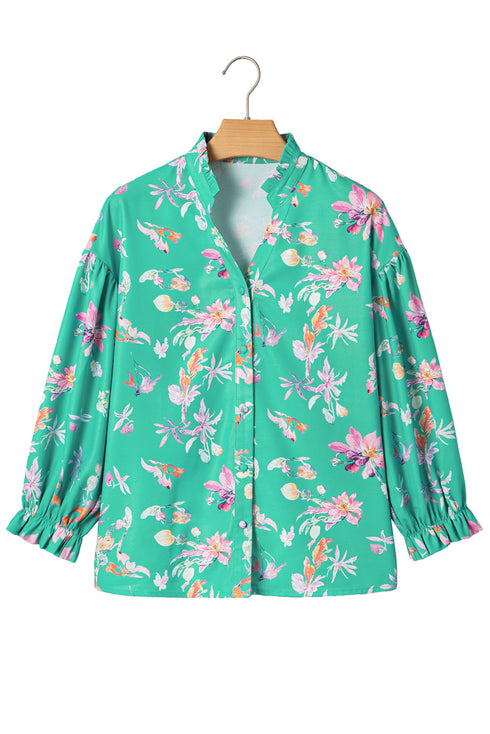 Floral Print Ruffle Neck Button Front Blouse