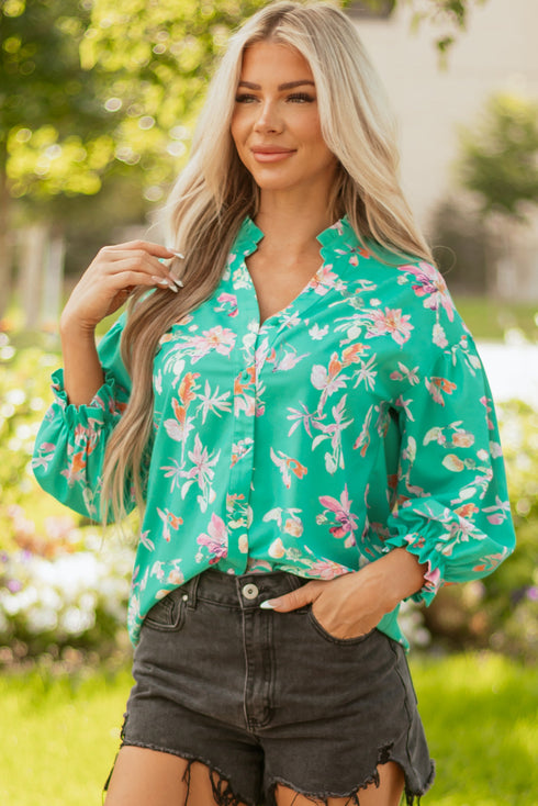 Floral Print Ruffle Neck Button Front Blouse