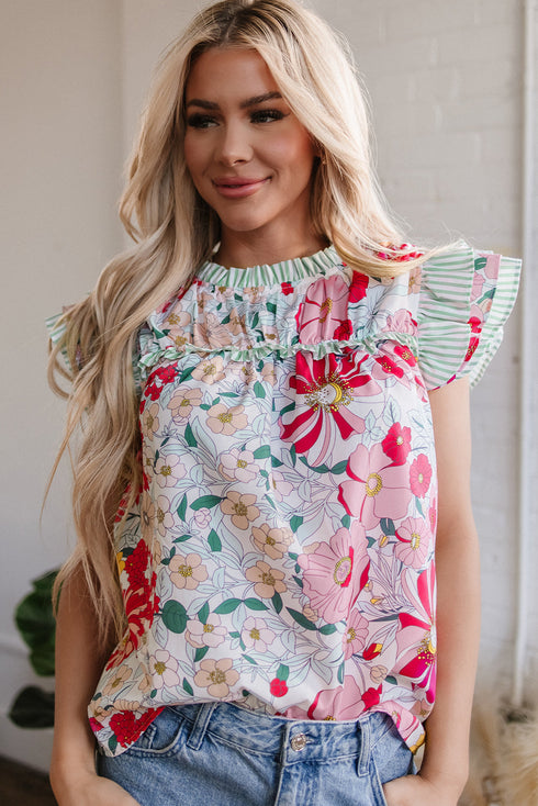 Floral Print Ruffle Neck Short Sleeve Woven Blouse
