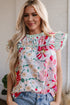Floral Print Ruffle Neck Short Sleeve Woven Blouse