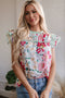 Floral Print Ruffle Neck Short Sleeve Woven Blouse