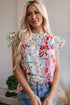 Floral Print Ruffle Neck Short Sleeve Woven Blouse