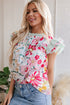 Floral Print Ruffle Neck Short Sleeve Woven Blouse