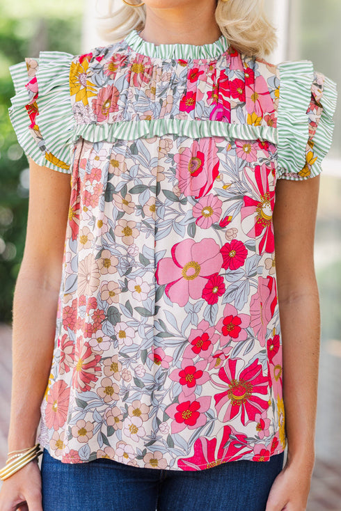 Floral Print Ruffle Neck Short Sleeve Woven Blouse