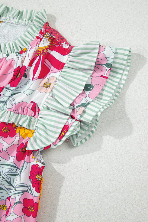 Floral Print Ruffle Neck Short Sleeve Woven Blouse