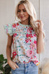 Floral Print Ruffle Neck Short Sleeve Woven Blouse