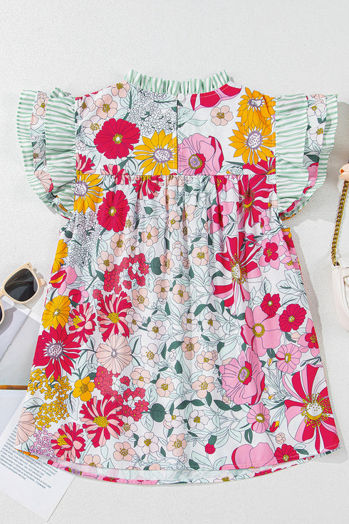 Floral Print Ruffle Neck Short Sleeve Woven Blouse