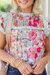 Floral Print Ruffle Neck Short Sleeve Woven Blouse