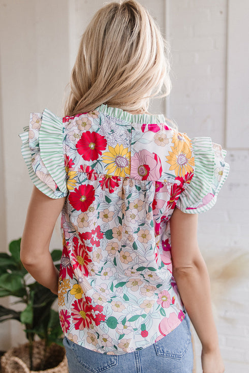 Floral Print Ruffle Neck Short Sleeve Woven Blouse