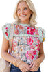 Floral Print Ruffle Neck Short Sleeve Woven Blouse
