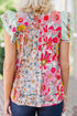Floral Print Ruffle Neck Short Sleeve Woven Blouse