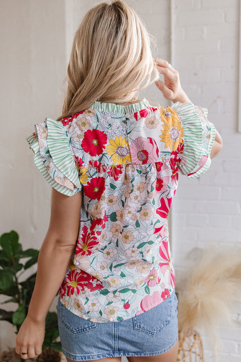 Floral Print Ruffle Neck Short Sleeve Woven Blouse