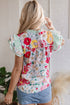 Floral Print Ruffle Neck Short Sleeve Woven Blouse