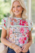 Floral Print Ruffle Neck Short Sleeve Woven Blouse
