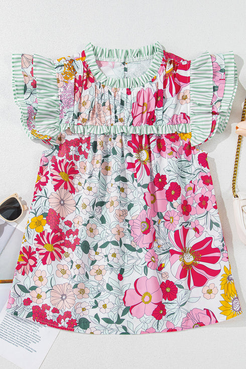 Floral Print Ruffle Neck Short Sleeve Woven Blouse