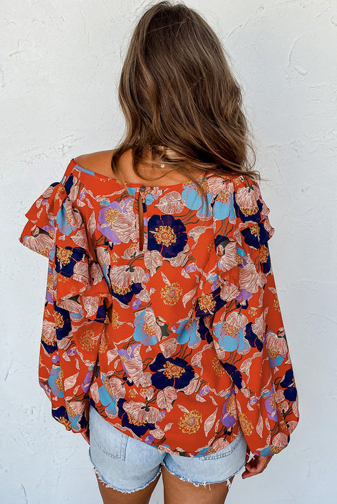 Floral Print Ruffle Puff Sleeve Blouse