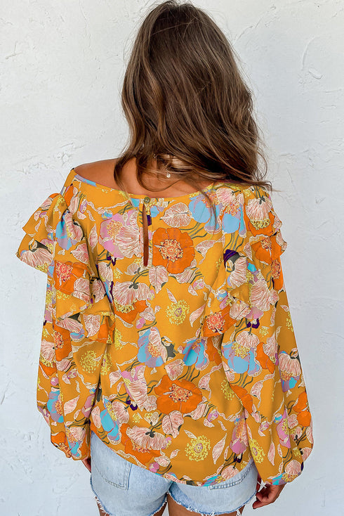 Floral Print Ruffle Puff Sleeve Blouse