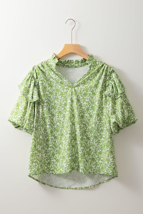 Floral Print Ruffle Puff Sleeve Frilled Collar V Neck Blouse