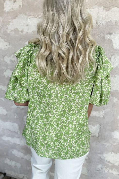 Floral Print Ruffle Puff Sleeve Frilled Collar V Neck Blouse