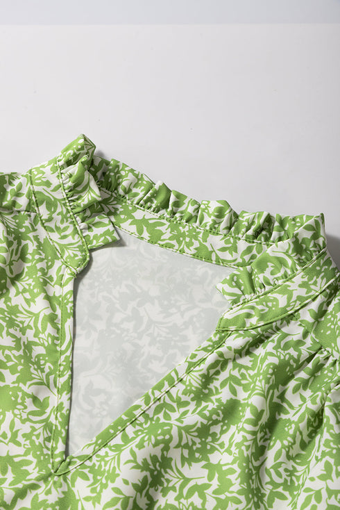 Floral Print Ruffle Puff Sleeve Frilled Collar V Neck Blouse