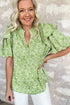 Floral Print Ruffle Puff Sleeve Frilled Collar V Neck Blouse