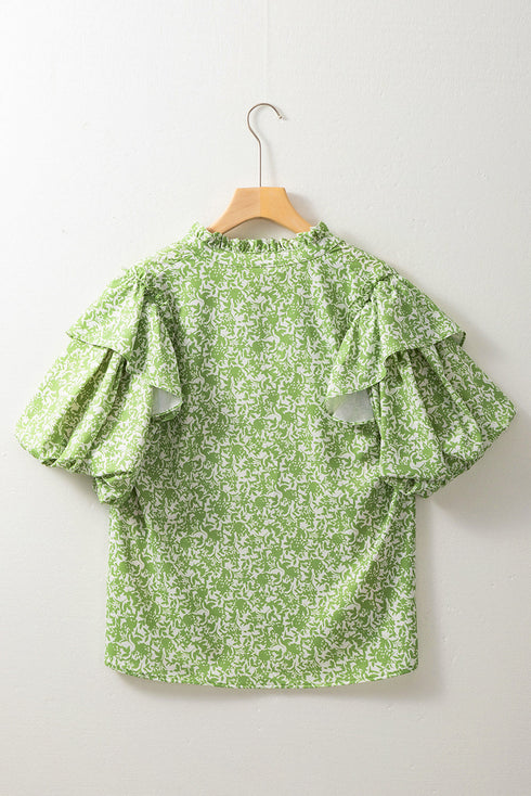 Floral Print Ruffle Puff Sleeve Frilled Collar V Neck Blouse