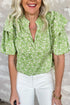 Floral Print Ruffle Puff Sleeve Frilled Collar V Neck Blouse